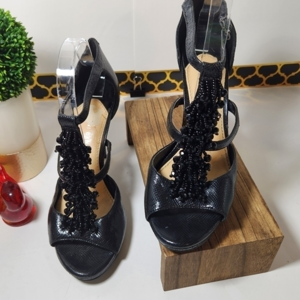 GIANNI BINI Black Sparkling Heels w Beaded Bejeweled T Strap Size 8